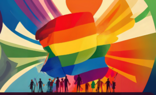 Cartaz com fundo colorido em degradê, semelhante à bandeira LGBTQIA+. No centro, uma badeira com a silhueta de várias pessoas ao redor.