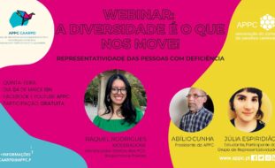 Captura de ecrã de webinar. Informações constantes na publicação e três fotografias de pessoas em formato redondo.
