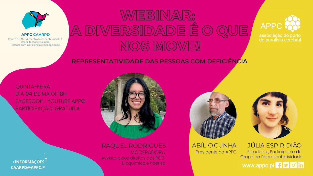 Captura de ecrã de webinar. Informações constantes na publicação e três fotografias de pessoas em formato redondo.