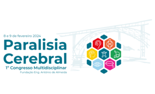 Logótipo do congresso. Em fundo surge uma imagem estilizada da Ponte D. Luiz (do Porto) e uma composição gráfica do logótipo da Associação do Porto de Paralisia Cerebral com sete losangos de várias cores (cada um deles com uma imagem específica relativa às especialidades médicas presentes no congresso). Indicação, em texto, do “1.º Congresso Multidisciplinar – Paralisia Cerebral – Fundação Engenheiro António de Almeida” acompanhado da data, que é 8 e 9 de fevereiro de 2024.