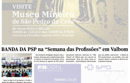Cópia de página do jornal Vivacidade de janeiro de 2023. Nas partes superior e inferior da página publicidades ligeiramente esbatidas. Ao centro notícia e fotografia da atuação da Banda da PSP na Semana das Profissões da APPC.