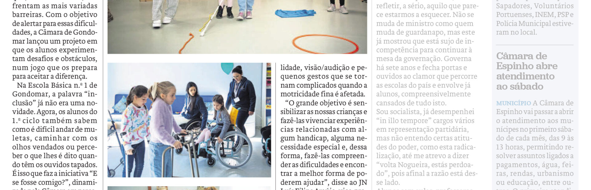 Cópia de página do Jornal de Notícias. Em destaque a notícia “Alunos experimentam dificuldades alheias” – acompanhada de quatro fotografias.
