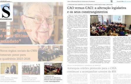Cópia de duas páginas do jornal Solidariedade com destaque para a notícia de uma iniciativa dinamizada pela Associação do Porto de Paralisia Cerebral.