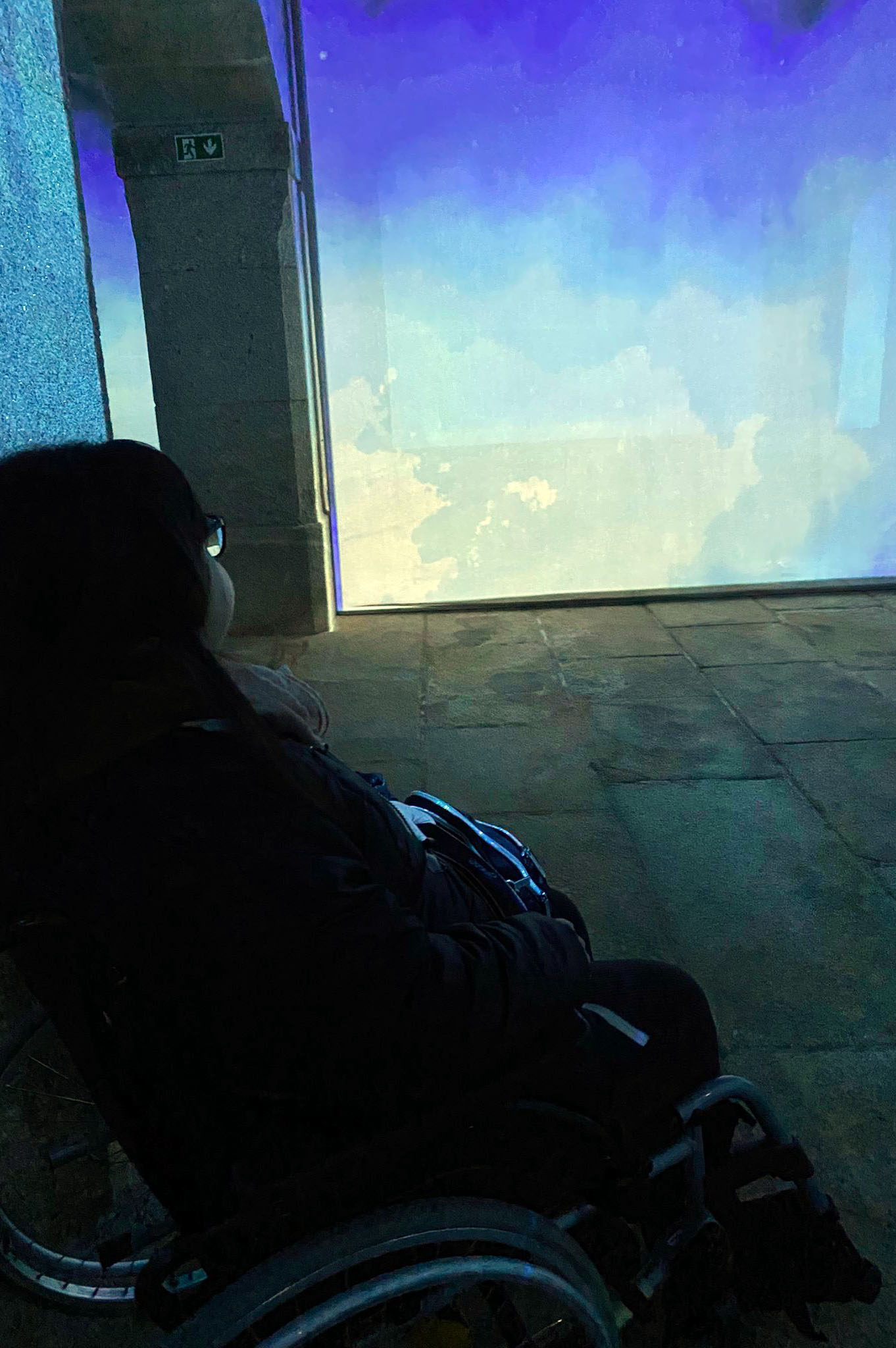 Pessoa, de perfil, a apreciar as projeções de arte.