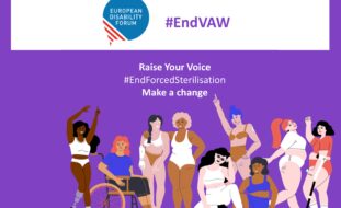 Imagem oficial da campanha do EDF #endVAW. Cartaz com ilustração (em fundo violeta) de várias mulheres com distintos tipos de deficiência e, ou, incapacidade.