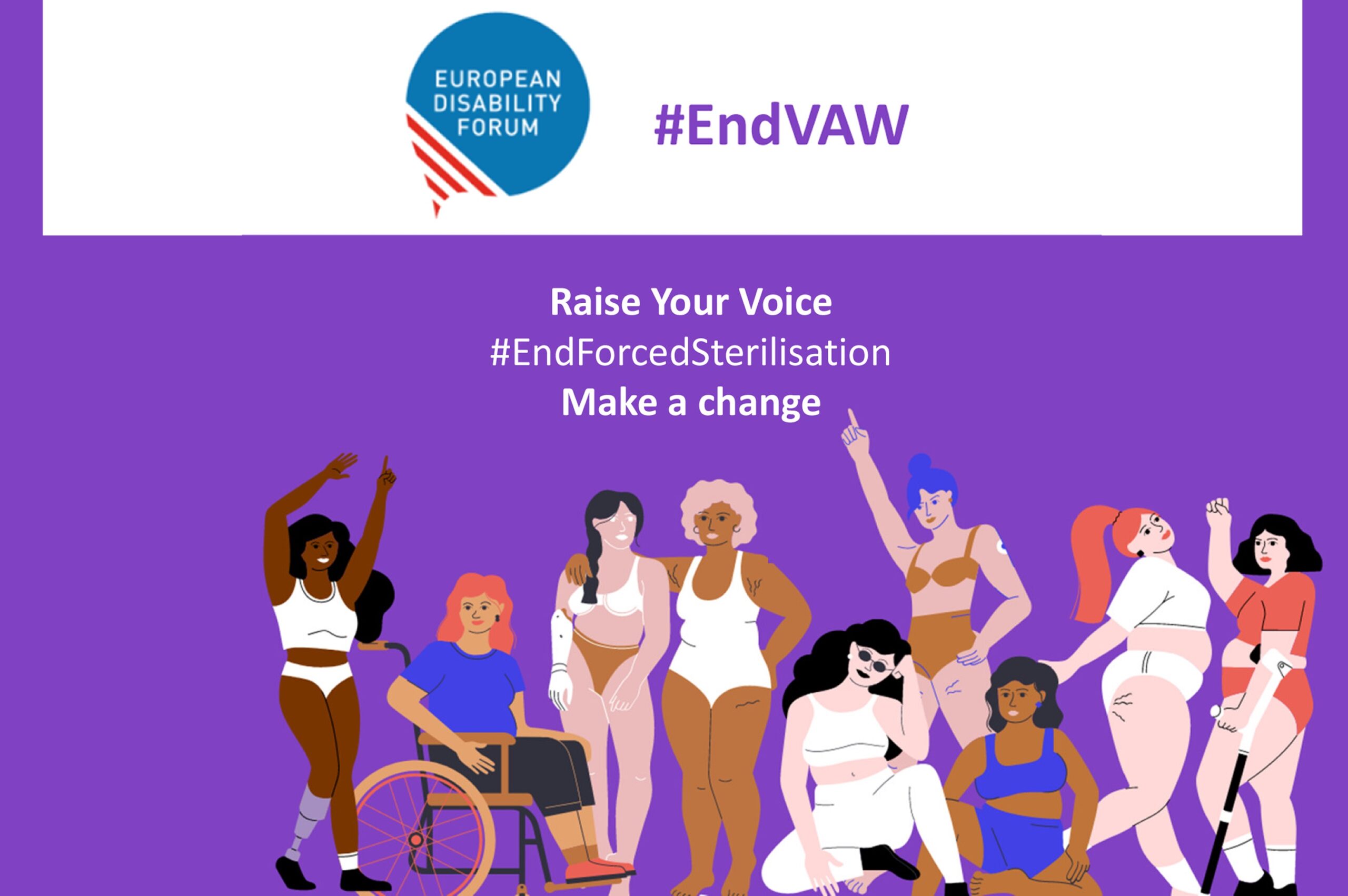 Imagem oficial da campanha do EDF #endVAW. Cartaz com ilustração (em fundo violeta) de várias mulheres com distintos tipos de deficiência e, ou, incapacidade.
