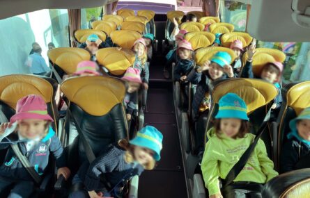 Fotografia de várias crianças sorridentes sentadas no interior de uma viatura de transporte. Todos os rostos das crianças aparecem desfocados.