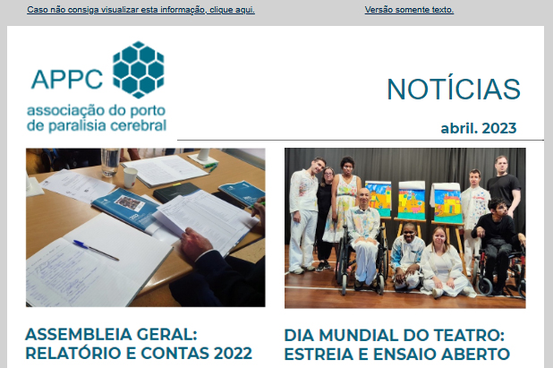 Cópia de parte da página de abertura da Newsletter da APPC referente ao algumas das notícias relativas a março de 2023. Em destaque imagem da Assembleia Geral e das comemorações do Dia Mundial do Teatro.