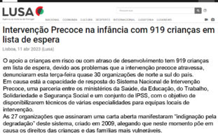 Imagem da página de abertura do sítio da Agência Lusa com os três primeiros parágrafos da notícia “Intervenção Precoce na Infância com 919 crianças em lista de espera”. Em cima, à esquerda, logótipo da Agência Lusa.