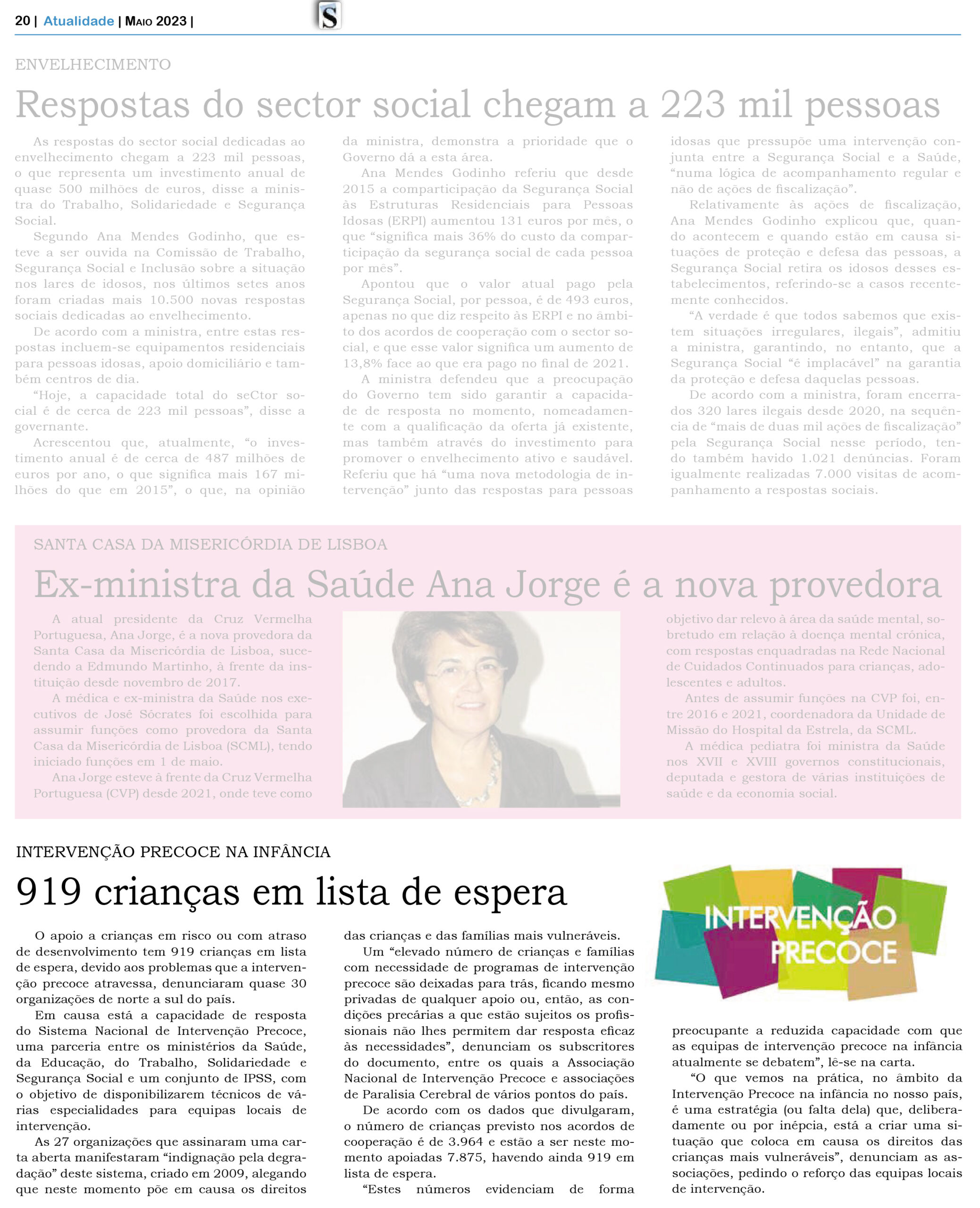 Cópia da página 20 do jornal “Solidariedade” de 11 de maio de 2023. Em baixo, em destaque na imagem, notícia referente à Carta Aberta subscrita pela APPC e à questão das listas de espera na Intervenção Precoce na Infância.