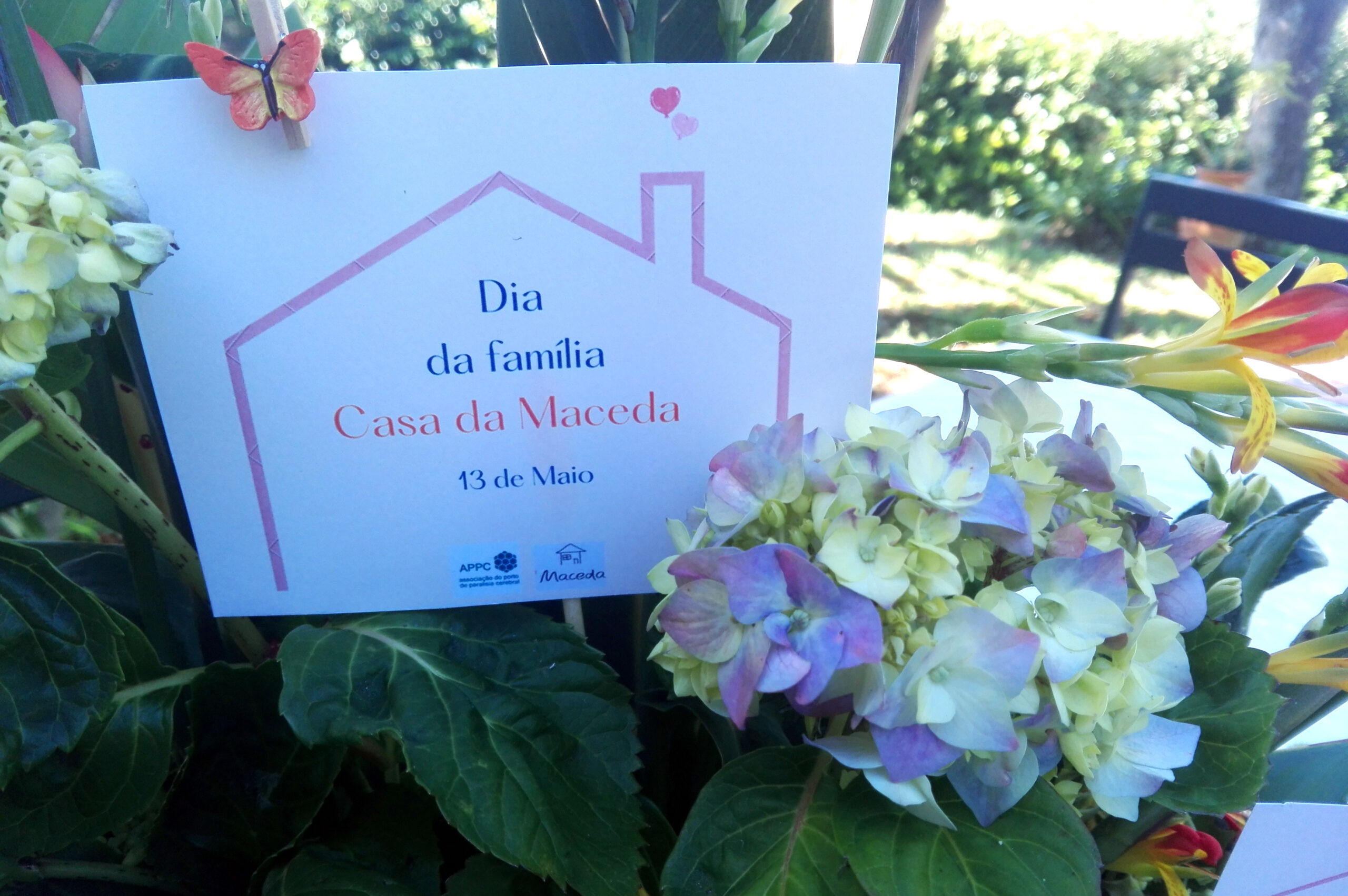 Imagem de cartaz alusivo ao Dia da Família. O cartaz está colocado junto de vasos com flores.