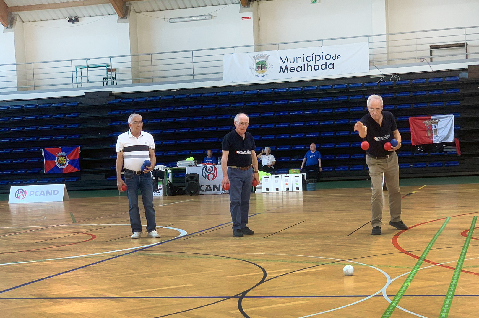 Fotografia de interior de pavilhão desportivo. O chão, em madeira, tem algumas marcações coloridas. Em primeiro cinco bolas de boccia pousadas no chão. Mais ao fundo estão sete jogadores, de duas equipas. No fundo da fotografia estão outras pessoas a conversar e assistir.
