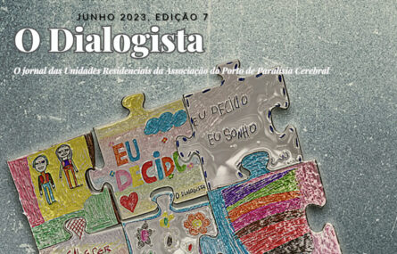 Cópia parcial da primeira página da edição 7 de “O Dialogista”. Página com fundo acinzentado e nove peças de puzzle (cada qual com a sua imagem e mensagem). Em destaque a palavra “Envelhecer”.