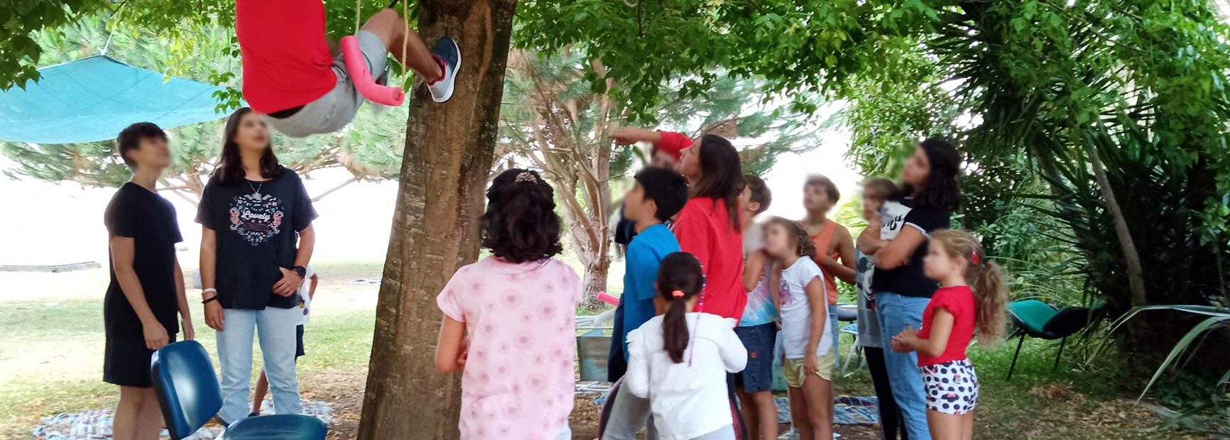 Grupo de mais de uma dezena de crianças e jovens a brincar em jardim exterior, junto de uma árvore. Uma delas está a trepar a árvore. Todos os rostos de crianças e jovens estão desfocados.