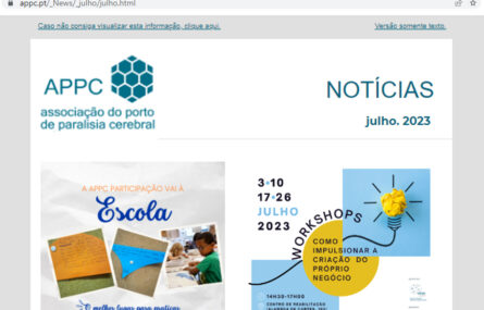 Cópia, parcial, da página do sítio da APPC com a Newsletter de julho. São visíveis as duas imagens das primeiras notícias em destaque.