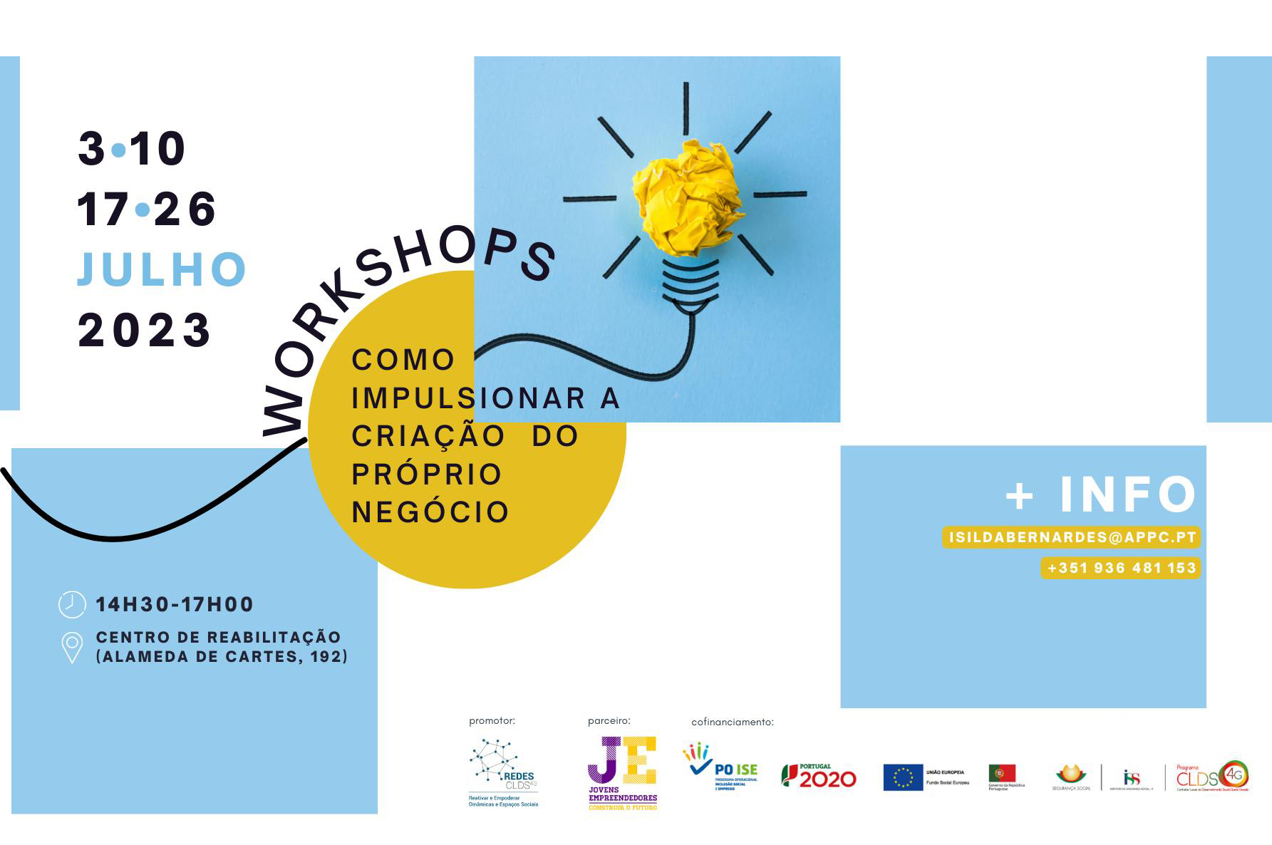 Cartaz de divulgação do Ciclo de Workshops. Apresenta quadrados em tom azul e um círculo em tom de amarelo-torrado. Um fio negro atravessa da esquerda para a direita terminando numa imagem estilizada de uma lâmpada acesa. Constam as indicações já referidas no texto da publicação (assunto, datas, local e contactos), bem como logótipos da entidade promotora, parceiro e cofinanciamento.