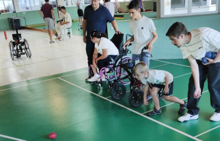 Cinco pessoas praticam Boccia. Uma criança lança a bola encarnada. Mais ao fundo outras pessoas estão a conversar