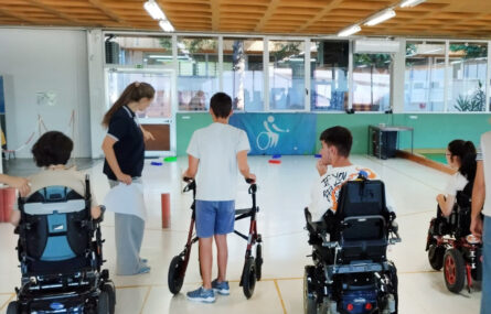 Seis pessoas, de costas, em campo interior de Boccia.