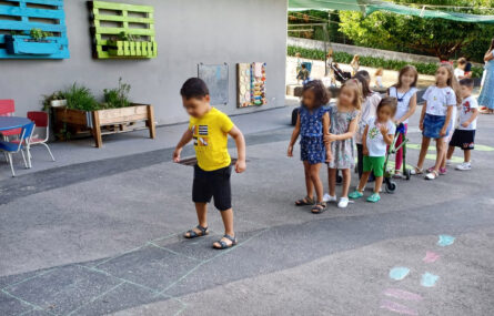 Oito crianças em fila enquanto a primeira está a fazer o “Jogo da Macaca” pintado no chão. Ao fundo zona verde e mais algumas crianças a brincar em parque. Todos os rostos das crianças foram desfocados.