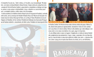 Cópia da página 68 da edição de 31 de agosto do jornal “Repórter de Gondomar”. Em destaque notícia da nova peça da Companhia de Teatro da APPC. Quatro fotos acompanham a notícia intitulada “Samuel Beckett inspira Grupo de Teatro da APPC”.