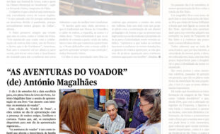 Cópia da página 38 do jornal Vivacidade de setembro de 2023. Em destaque a notícia relativa ao livro “As aventuras do voador” de António Magalhães. É ainda visível uma outra notícia e um texto de opinião – mas ambas nitidamente desfocadas.