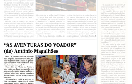 Cópia da página 38 do jornal Vivacidade de setembro de 2023. Em destaque a notícia relativa ao livro “As aventuras do voador” de António Magalhães. É ainda visível uma outra notícia e um texto de opinião – mas ambas nitidamente desfocadas.