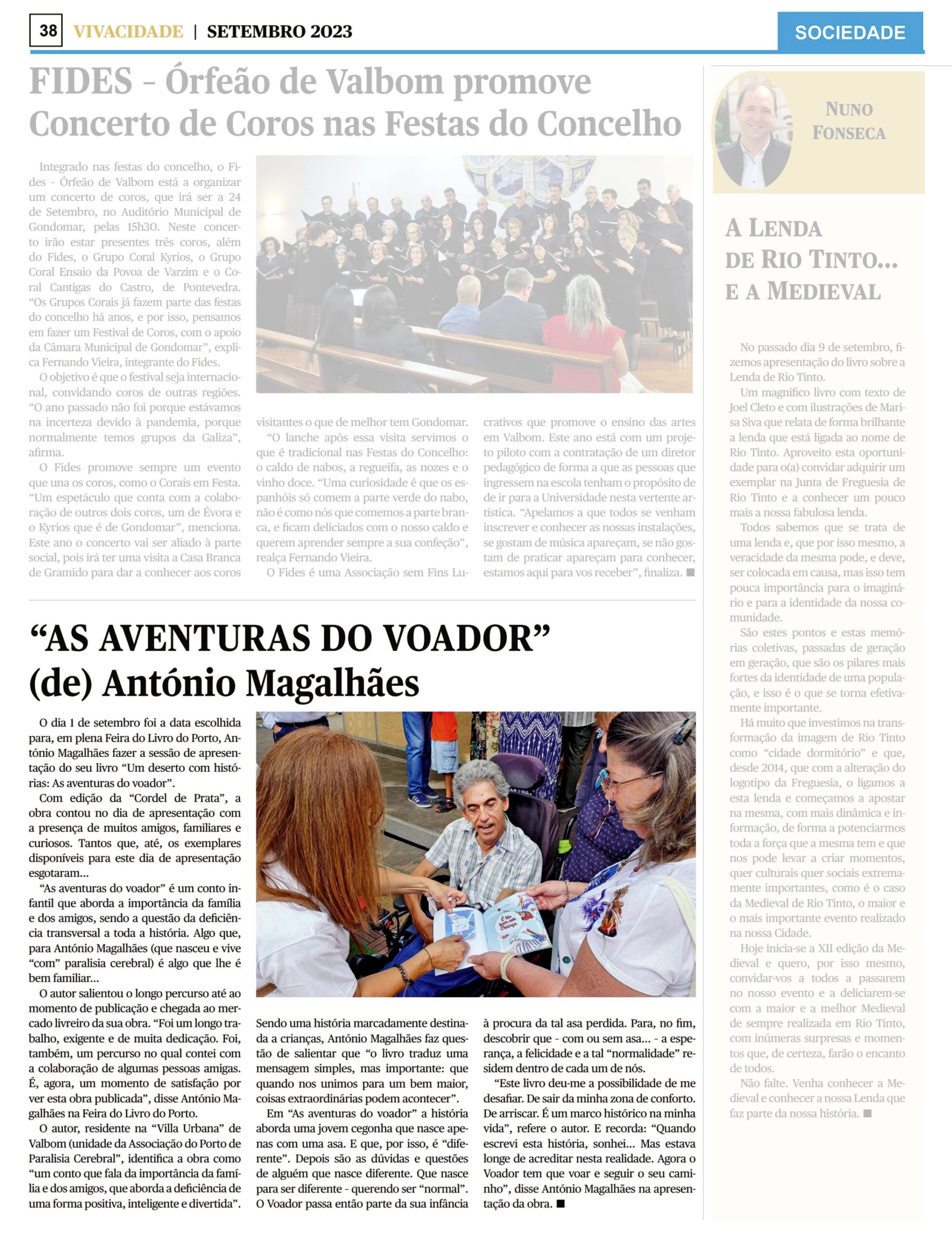 Cópia da página 38 do jornal Vivacidade de setembro de 2023. Em destaque a notícia relativa ao livro “As aventuras do voador” de António Magalhães. É ainda visível uma outra notícia e um texto de opinião – mas ambas nitidamente desfocadas.