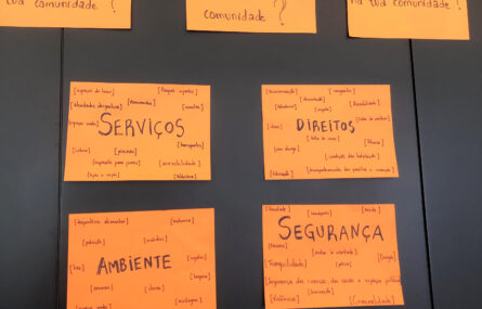 Fotografia de um painel em tons cinzento escuro (ou parede...) no qual foram afixados sete pedaços de papel, de tom laranja, com várias mensagens.