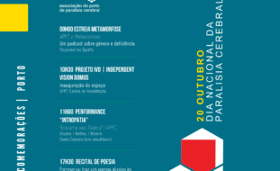 Cartaz de divulgação das comemorações do Dia Nacional da Paralisia Cerebral no Porto. Imagem com fundo azul e a sobreposição de uma composição gráfica com dois hexágonos e um losango brancos com áreas verde, amarela e vermelha. Aparecem também três retângulos com as mesmas cores verde, amarela e vermelha. Surgem ainda o logótipo, sítio e redes sociais da Associação do Porto de Paralisia Cerebral. Do texto do programa consta o seguinte: Dia Nacional da Paralisia Cerebral Porto, 20 de outubro de 2023 comemorações 09h00 Estreia Metamorfose APPC e Metamorfose Um podcast sobre género e deficiência (disponível no Spotify) 10h30 Projeto IVD (Independent Vision Domus) Inauguração do espaço APPC Centro de Reabilitação 11h00 Performance “Intropatia” “Era uma vez... Teatro” | APPC Aliados / Bolhão / Ribeira / Santa Catarina [em simultâneo] 17h30 Recital de Poesia Escreve ou traz um poema alusivo às Comemorações do Dia Nacional da PC Praça D. João I