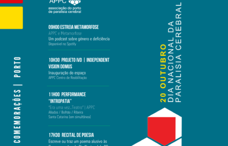 Cartaz de divulgação das comemorações do Dia Nacional da Paralisia Cerebral no Porto. Imagem com fundo azul e a sobreposição de uma composição gráfica com dois hexágonos e um losango brancos com áreas verde, amarela e vermelha. Aparecem também três retângulos com as mesmas cores verde, amarela e vermelha. Surgem ainda o logótipo, sítio e redes sociais da Associação do Porto de Paralisia Cerebral. Do texto do programa consta o seguinte: Dia Nacional da Paralisia Cerebral Porto, 20 de outubro de 2023 comemorações 09h00 Estreia Metamorfose APPC e Metamorfose Um podcast sobre género e deficiência (disponível no Spotify) 10h30 Projeto IVD (Independent Vision Domus) Inauguração do espaço APPC Centro de Reabilitação 11h00 Performance “Intropatia” “Era uma vez... Teatro” | APPC Aliados / Bolhão / Ribeira / Santa Catarina [em simultâneo] 17h30 Recital de Poesia Escreve ou traz um poema alusivo às Comemorações do Dia Nacional da PC Praça D. João I