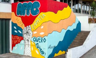 Parede do Centro de Reabilitação pintada. O desenho é constituído por um punho cerrado, a partir do qual explodem várias cores: azul, laranja, amarelo e vermelho. Em cima está escrito “APPC”. Nas cores, várias palavras surgem: “quero entrar”, “estou farta”, “empatia” e “luta”.