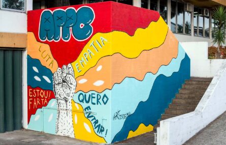 Parede do Centro de Reabilitação pintada. O desenho é constituído por um punho cerrado, a partir do qual explodem várias cores: azul, laranja, amarelo e vermelho. Em cima está escrito “APPC”. Nas cores, várias palavras surgem: “quero entrar”, “estou farta”, “empatia” e “luta”.