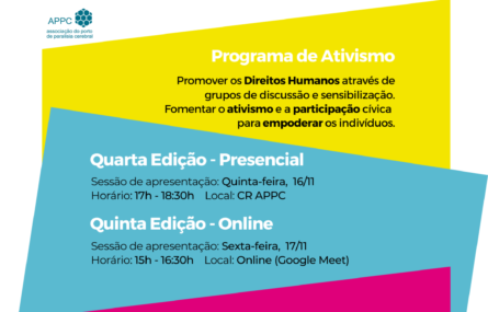 Cartaz de divulgação com a expressão “Direitos Humanos e Participação Social” e logótipos da APPC e do CAARPD na zona superior. Abaixo estão três áreas de cores diferentes (amarelo, azul claro e rosa) com as seguintes informações: Programa de Ativismo (promover os Direitos Humanos através de grupos de discussão e sensibilização; fomentar o ativismo e a participação cívica para empoderar os indivíduos). Indicação das datas (16 e 17 de novembro), respetivos horários e formas de participação – já divulgados na publicação.