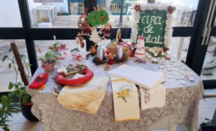Fotografia de uma mesa com variados produtos para venda. Todos os produtos são alusivos ao Natal. No chão são ainda visíveis três vasos (com plantas).