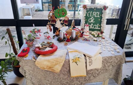 Fotografia de uma mesa com variados produtos para venda. Todos os produtos são alusivos ao Natal. No chão são ainda visíveis três vasos (com plantas).