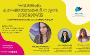 Captura de ecrã de imagem de apresentação de webinar online. Informações relativas ao webinar e imagem de três pessoas (em círculos).
