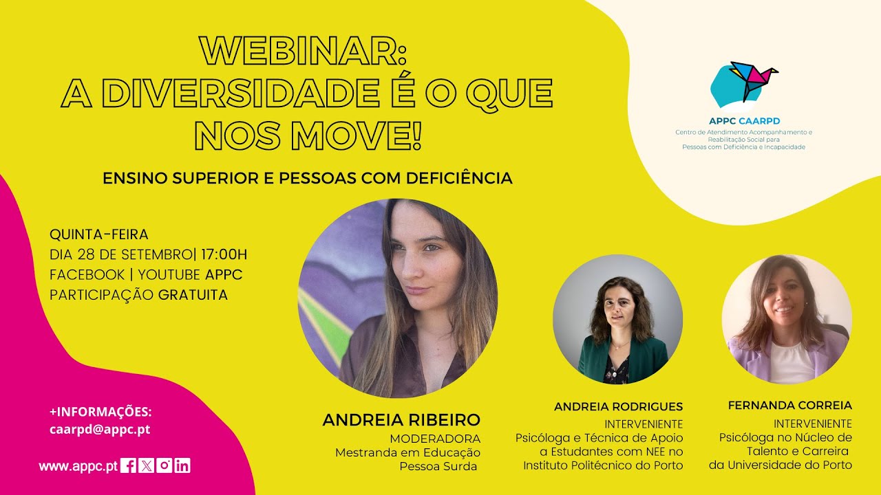 Captura de ecrã de imagem de apresentação de webinar online. Informações relativas ao webinar e imagem de três pessoas (em círculos).