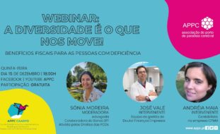 Captura de ecrã de webinar. Informações constantes na publicação e três fotografias de pessoas em formato redondo.