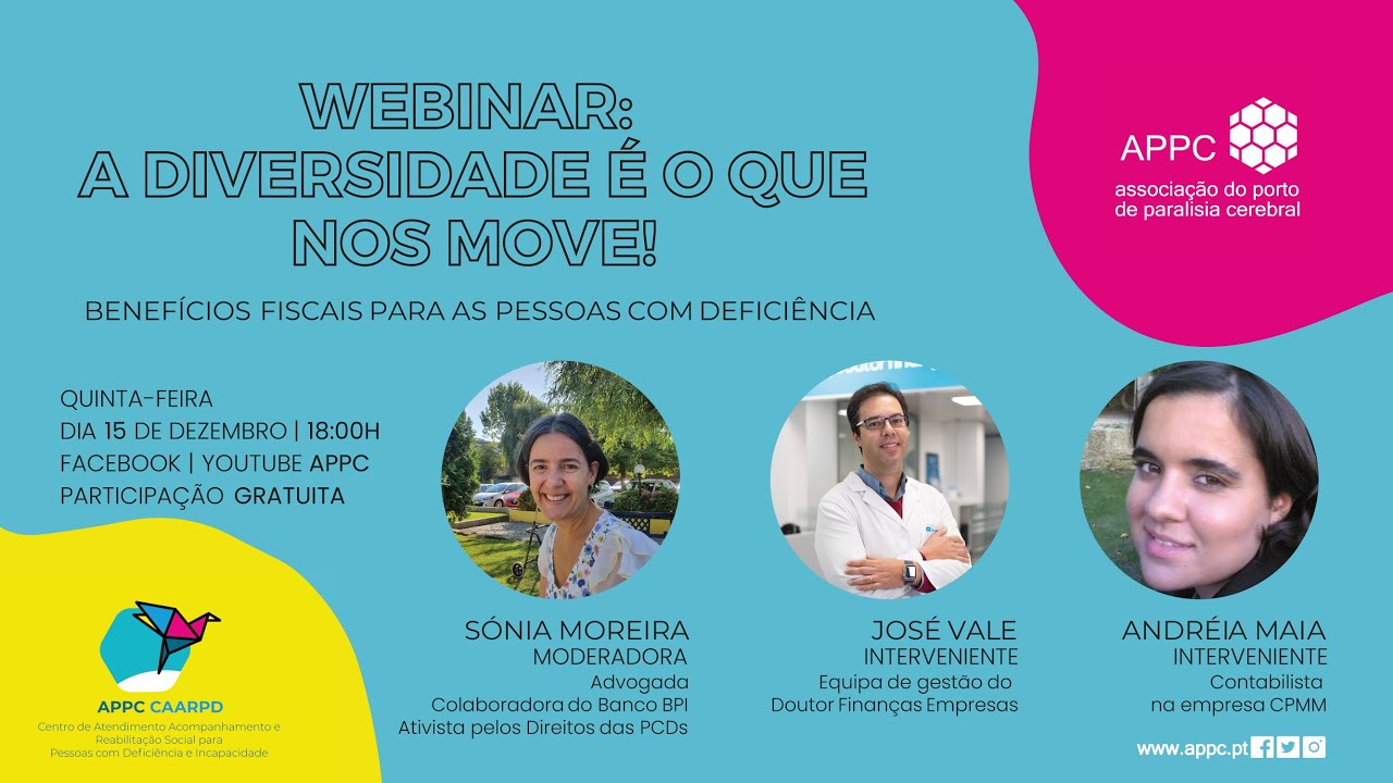 Captura de ecrã de webinar. Informações constantes na publicação e três fotografias de pessoas em formato redondo.