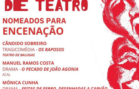 Cartaz, formato quadrado, com indicação dos nomeados para Encenação da Jornada de Teatro do Grupo Mérito Dramático Avintense.