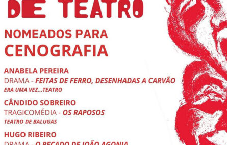 Cartaz, formato quadrado, com indicação dos nomeados para Cenografia da Jornada de Teatro do Grupo Mérito Dramático Avintense.