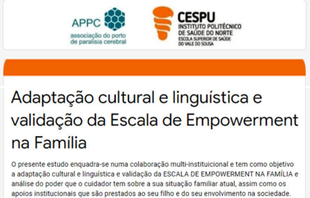 Captura de ecrã da página com o estudo Empowerment na Família. Logótipos da APPC e CESPU, em cima. Barra laranja ao centro. Abaixo, texto (já referido na publicação).