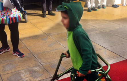 Fotografia de criança mascarada para o Carnaval (e a usar andarilho). O rosto da criança foi desfocado.