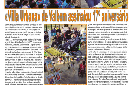 Cópia da página 39 do jornal Repórter de Gondomar de 28 de fevereiro de 2022. Notícia sobre o aniversário da Villa Urbana de Valbom acompanhada de seis fotografias do evento.
