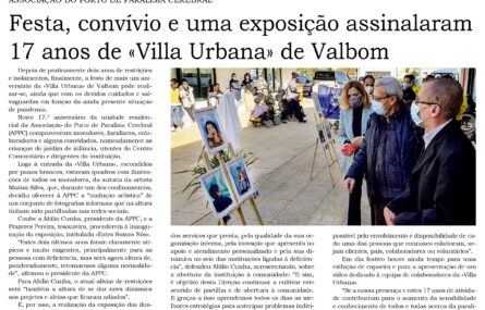 Cópia parcial de página do jornal Solidariedade de março de 2022. Em destaque notícia relativa aos 17 anos da Villa Urbana de Valbom. O texto é acompanhado de uma fotografia do evento.
