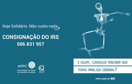 Imagem de publicidade institucional da APPC relativa à consignação do IRS. Informações já constantes na publicação acompanhadas do que aparenta ser um esqueleto humano, estilizado, a dançar. Logótipo e redes sociais da APPC.