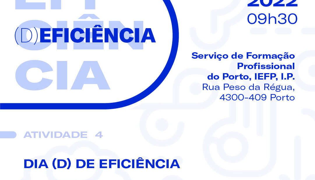 Imagem do cartaz de inscrição para o Dia D de Eficiência. Letras azuis sobre fundo branco com indicação de data, hora e local.