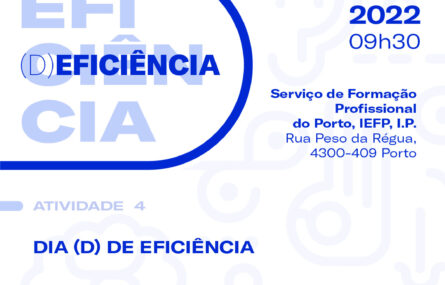Imagem do cartaz de inscrição para o Dia D de Eficiência. Letras azuis sobre fundo branco com indicação de data, hora e local.