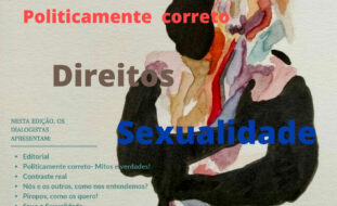 Cópia da primeira página de mais uma edição do jornal O Dialogista. Fundo da página em tom verde-acinzentado com pintura abstrata colorida. Listagem das principais notícias em destaque.