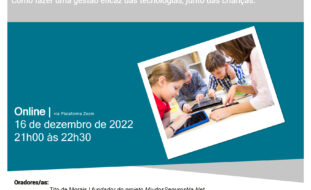 Cartaz de divulgação de workshop. Além da informação já constante na publicação, o cartaz apresenta uma fotografia, inclinada, de quatro crianças a usarem equipamento informático.